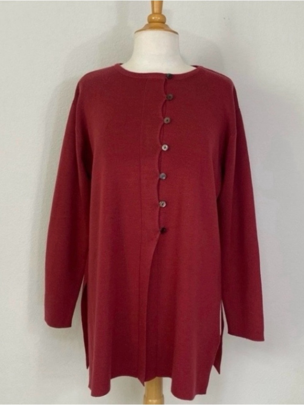 Freeport Studio Women Cranberry Wool Mix Button Tunic Sweater Size Large Classic